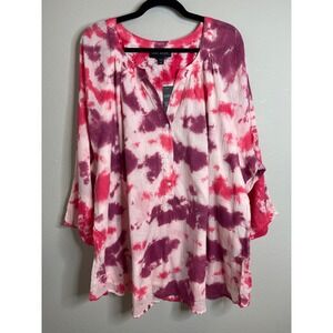 Lane Bryant Blouse Top Pink Purple Tie Dye 100% Cotton Gauze Henley 26/28 4X